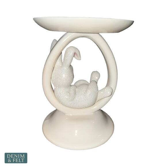 NEW Bath & Body Works White Glitter Bunny Ring Pedestal 3-Wick Candle Holder - Picture 7 of 11